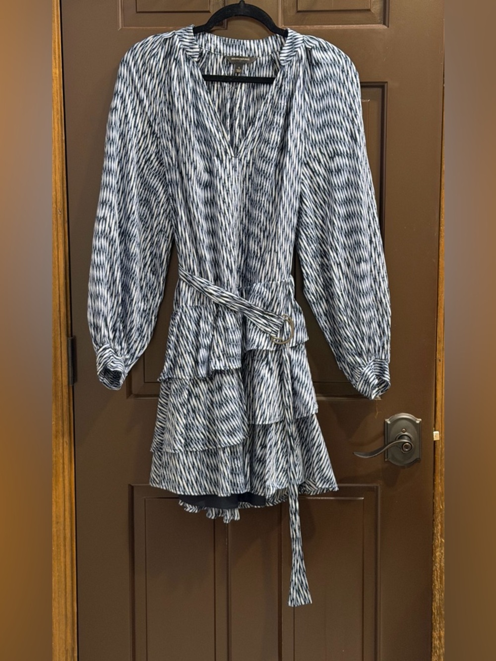 Banana Republic Navy and White Tiered Long-Sleeve Wrap Dress